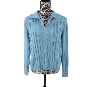 Villager by Liz Claiborne Light Blue Cable Knit Collared Sweater, Size L